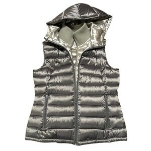 BERNARDO Goose Down Hooded Puffer Vest Women PM Metallic Silver Lightweight